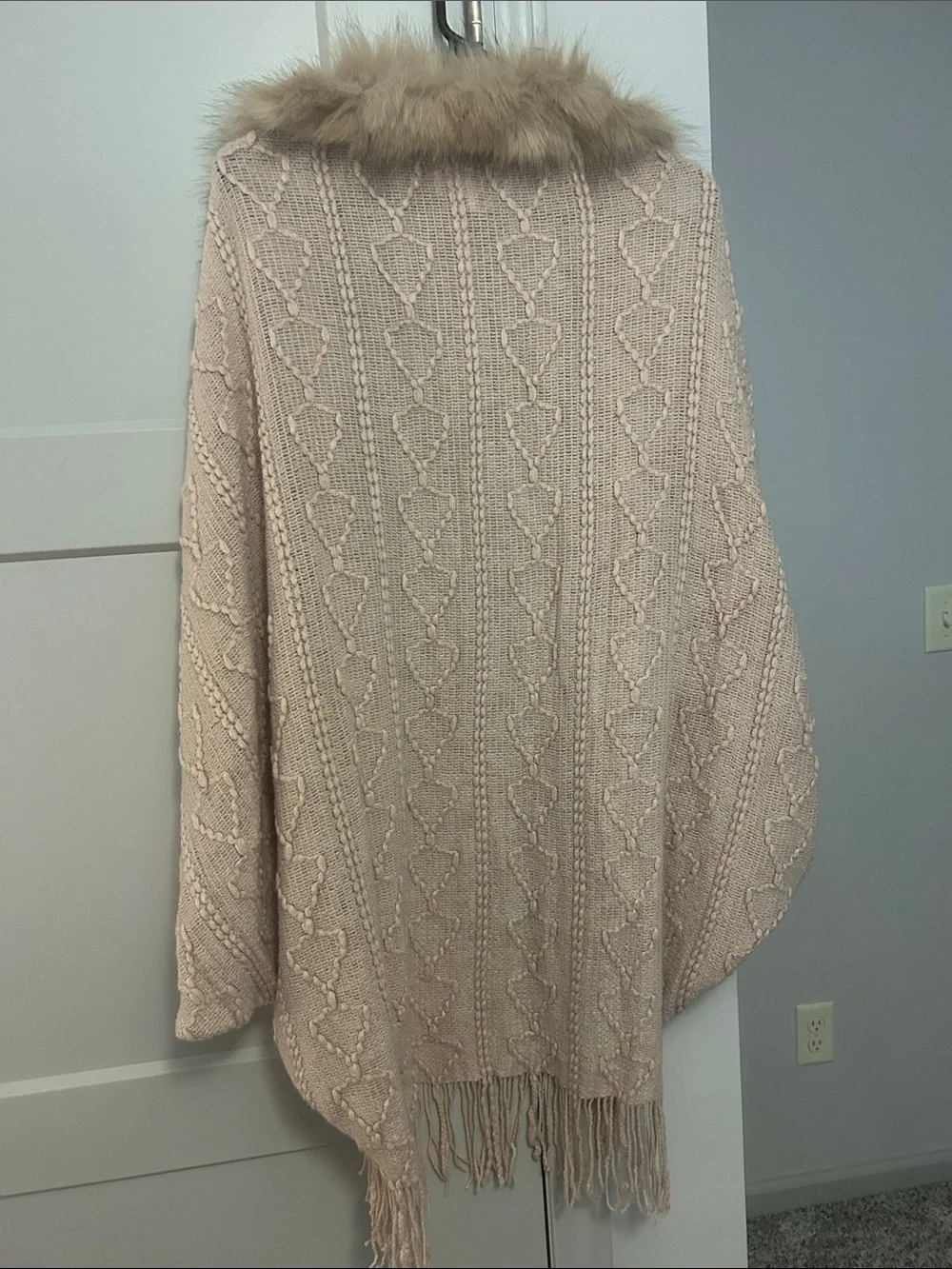 SHEIN Blush Pink Open Knit Fringe Cardigan with Faux Fur Trim
